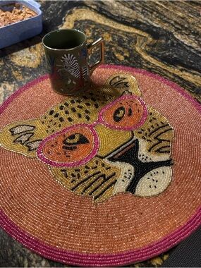NWT- set of 2 Beaded Leopard Placemat with Pink Sunglasses